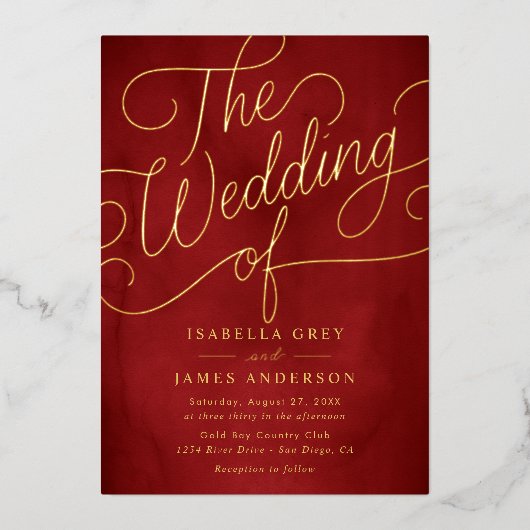 Red Gold Calligraphy Script Wedding Folie Uitnodiging (Voorkant)