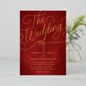 Red Gold Calligraphy Script Wedding Folie Uitnodiging (Staand Voorkant)
