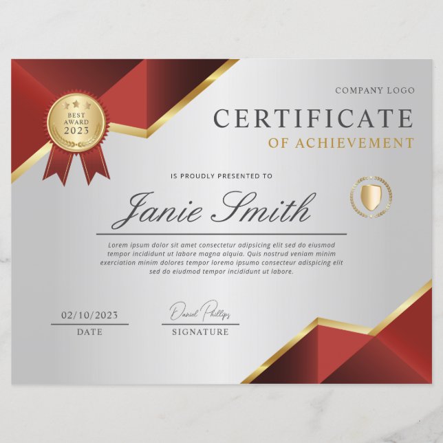 Red Gold Certificate of Achievement Award (Voorkant)