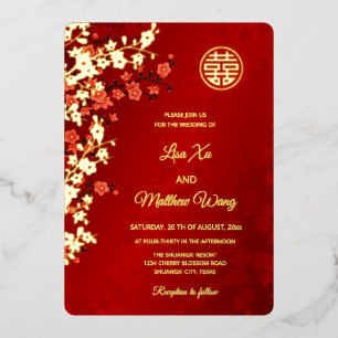 Red Gold Cherry Blossom Chinese bruiloft Folie Uitnodiging