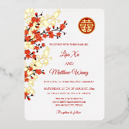 Red Gold Cherry Blossom | Chinese bruiloft Folie Uitnodiging