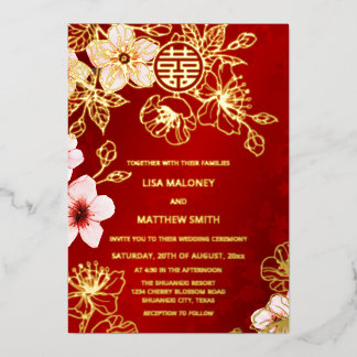 Red Gold Cherry Blossom Chinese Wedding Folie Uitnodiging