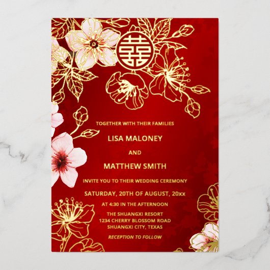 Red Gold Cherry Blossom Chinese Wedding Folie Uitnodiging (Voorkant)