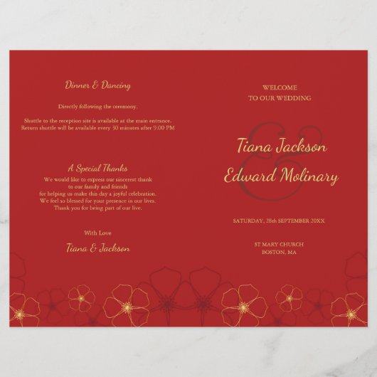 Red Gold Cherry Blossom Folded Wedding Programme (Voorkant)