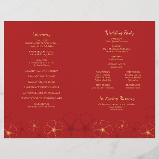 Red Gold Cherry Blossom Folded Wedding Programme (Achterkant)