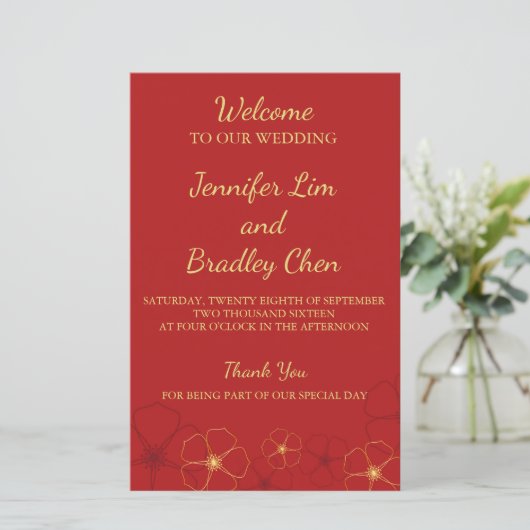 Red & Gold Cherry Blossom Wedding Program Kaart (Staand voorkant)