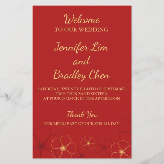 Red & Gold Cherry Blossom Wedding Program Kaart (Voorkant)