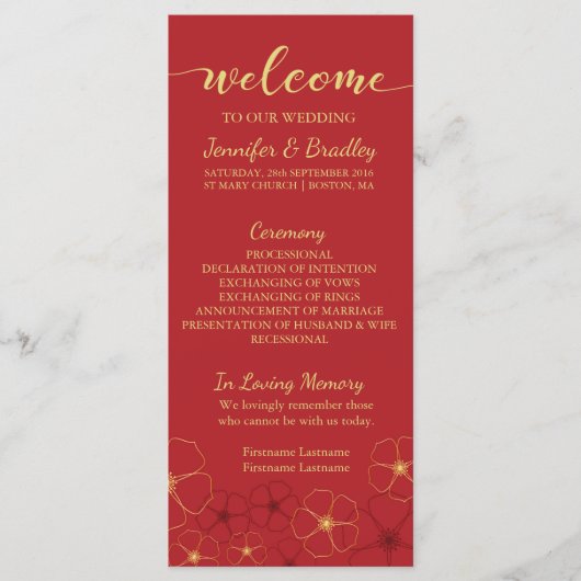 Red & Gold Cherry Blossom Wedding Program Kaart (Voorkant)