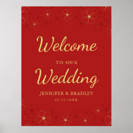 Red Gold Cherry Blossom Welcome Sign. Poster