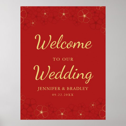 Red Gold Cherry Blossom Welcome Sign. Poster (Voorkant)