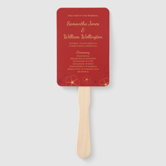 Red Gold Cherry Blossoms Fan huwelijksprogramma Handwaaier (Voorkant)