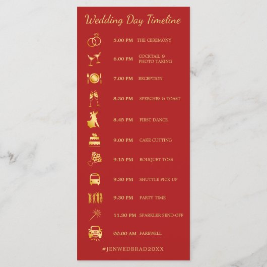 Red Gold Cherry Blossoms Trouwtijdlijn Programmakaart (Achterkant)