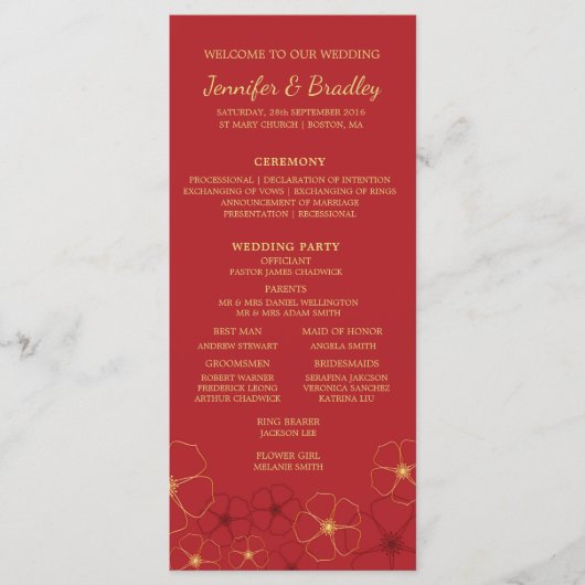 Red Gold Cherry Blossoms Trouwtijdlijn Programmakaart (Voorkant)