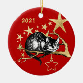  Red Gold Cheshire Cat Star Kerstmis Keramisch Ornament (Voorkant)