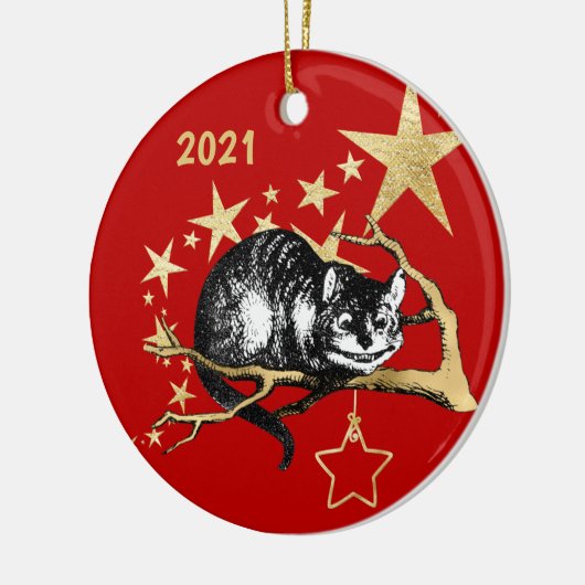  Red Gold Cheshire Cat Star Kerstmis Keramisch Ornament (Links)