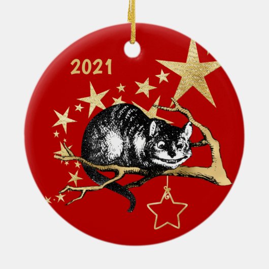  Red Gold Cheshire Cat Star Kerstmis Keramisch Ornament (Achterkant)