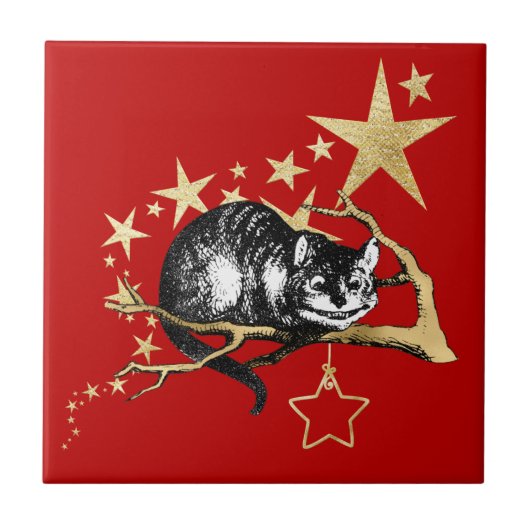  Red Gold Cheshire Cat Star Kerstmis Tegeltje (Voorkant)
