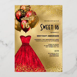 Red Gold Chic 16th Birthday Sweet 16 Folie Uitnodiging