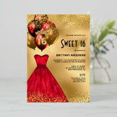 Red Gold Chic 16th Birthday Sweet 16 Folie Uitnodiging (Staand Voorkant)