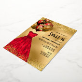 Red Gold Chic 16th Birthday Sweet 16 Folie Uitnodiging (Gedraaid)