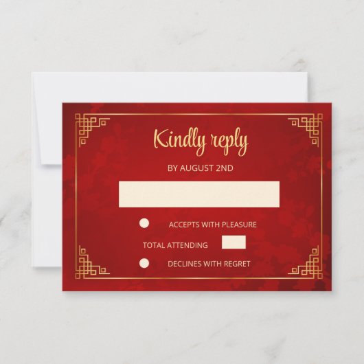  Red Gold Chinese Frame Wedding RSVP Kaartje (Voorkant)
