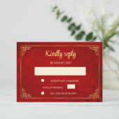  Red Gold Chinese Frame Wedding RSVP Kaartje (Staand voorkant)