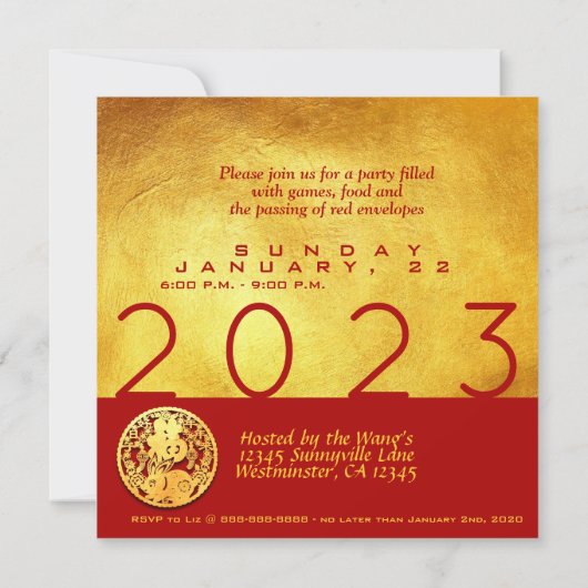 Red Gold Chinese Rabbit papercut 2023 Party SqInv Kaart (Achterkant)