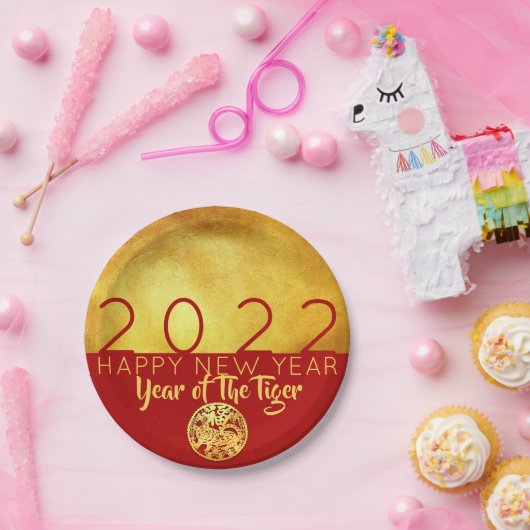 Red Gold Chinese tijger, papiersnit 2022 PP Papieren Bordje (Feest)