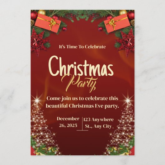 Red & Gold Christmas Eve Party Invitation Card Kaart (Voorkant)