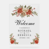 Red Gold Christmas Floral Wedding Welcome Acryl Bord (Voorkant)