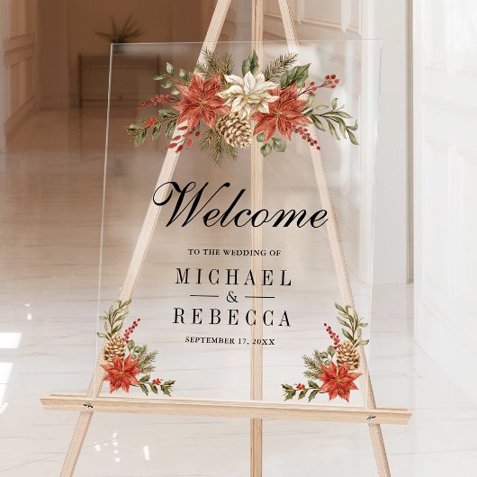 Red Gold Christmas Floral Wedding Welcome Acryl Bord
