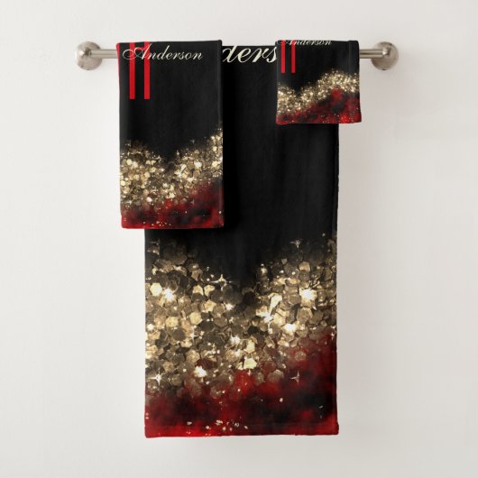 RED & GOLD CHRISTMAS SHIMMER CUSTOM MONOGRAM BAD HANDDOEK (Insitu)