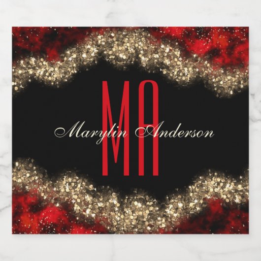 RED & GOLD CHRISTMAS SHIMMER CUSTOM MONOGRAM LIKEURFLES ETIKET (Enkel label)