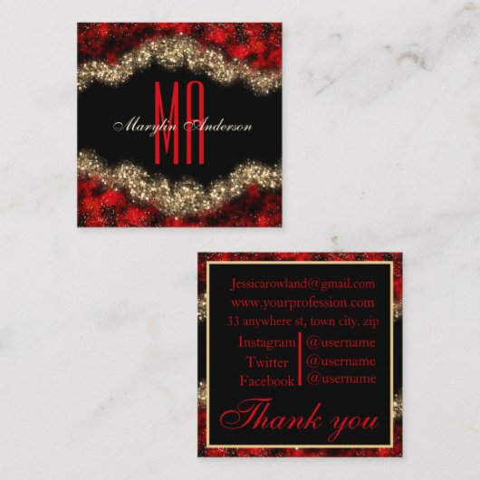 RED & GOLD CHRISTMAS SHIMMER CUSTOM MONOGRAM VIERKANTE VISITEKAARTJE (Voorkant / Achterkant)