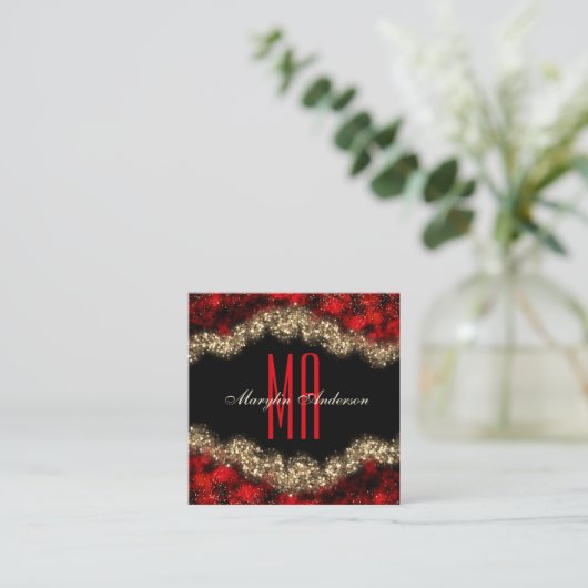 RED & GOLD CHRISTMAS SHIMMER CUSTOM MONOGRAM VIERKANTE VISITEKAARTJE (Staand voorkant)