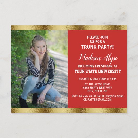Red Gold College Trunk Graduk Party Foto Briefkaart (Voorkant)
