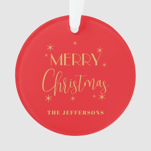 Red & Gold Colors Merry Christmas Family Name Ornament (voorkant)