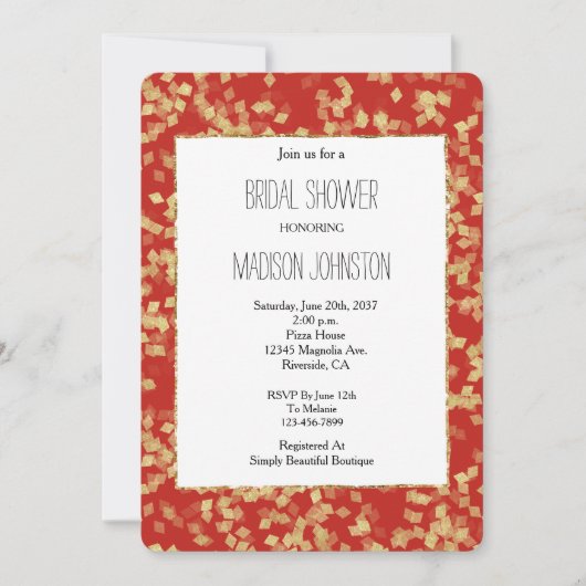 Red Gold Confetti Abstract Vrijgezellenfeest Kaart (Voorkant)