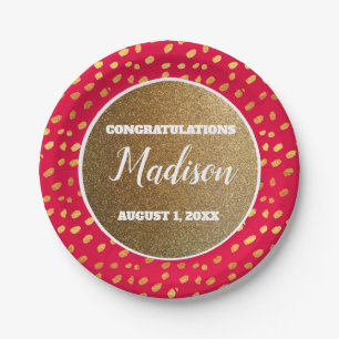 Red Gold Confetti Afstuderen College Trunk Party Papieren Bordje