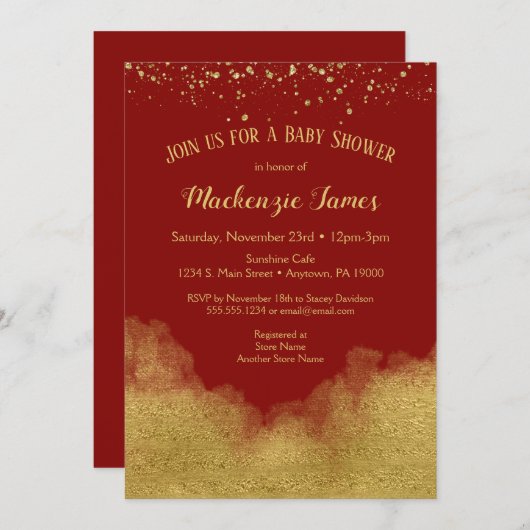 Red Gold Confetti Baby shower Kaart (Voorkant / Achterkant)