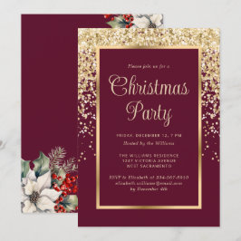 Red Gold Confetti Botanical Christmas Party Kaart
