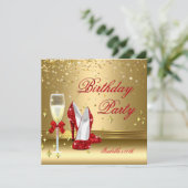 Red Gold Confetti Champagne Heels Birthday Party 2 Kaart (Staand voorkant)