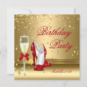 Red Gold Confetti Champagne Heels Birthday Party 2 Kaart (Voorkant)