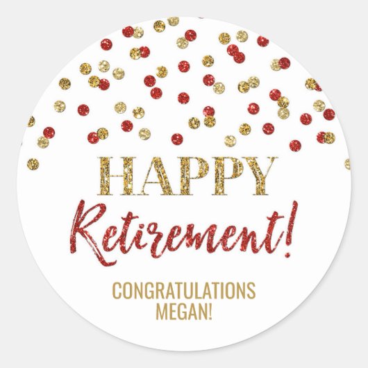 Red Gold Confetti Happy Retirement Ronde Sticker (Voorkant)