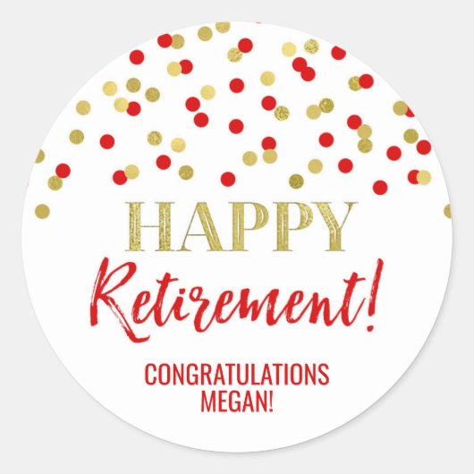 Red Gold Confetti Happy Retirement Ronde Sticker (Voorkant)