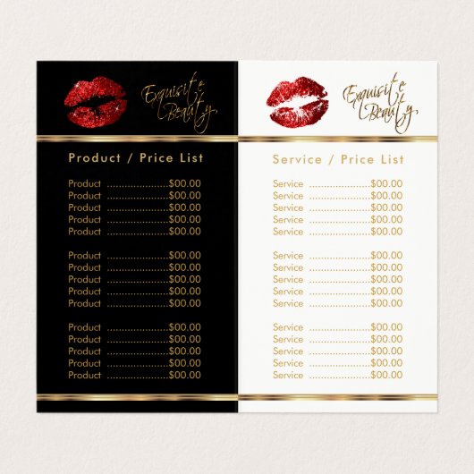 Red & Gold Confetti Lip Service en prijslijst Visitekaartje (Binnenkant ongevouwen)