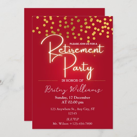 Red Gold Confetti Retirement Party Uitnodigingen (Voorkant / Achterkant)