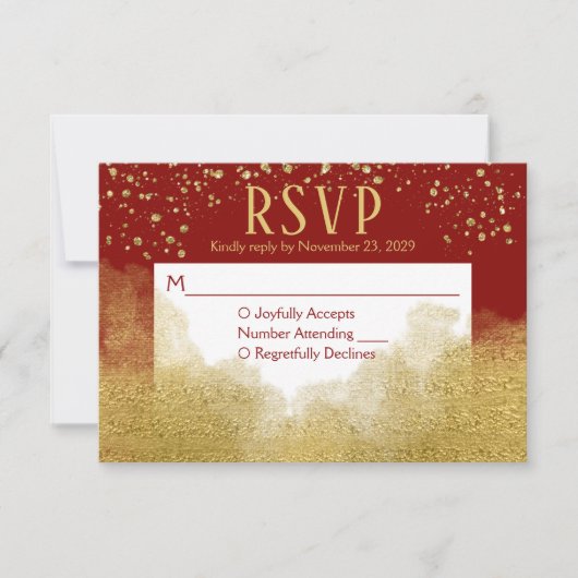 Red Gold Confetti RSVP Wedding Response Kaartje (Voorkant)