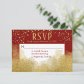 Red Gold Confetti RSVP Wedding Response Kaartje (Staand voorkant)