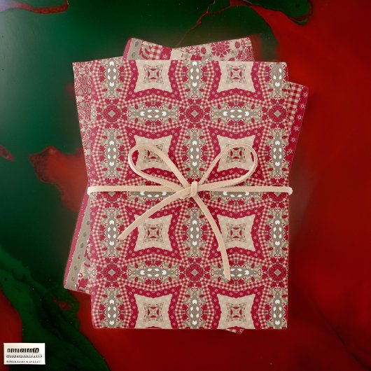 Red Gold Cream Quilt en Stripes Boerderij Chique Inpakpapier Vel